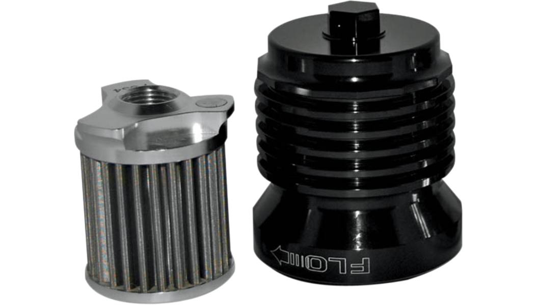 PC Racing Flo Reusable Spin-On Oil Filter – Black Anodized, 35-Micron Micronic Stainless | Billet Aluminum | Fits Harley-Davidson, BMW, Yamaha, Aprilia, Moto Guzzi, Buell | 0712-0351