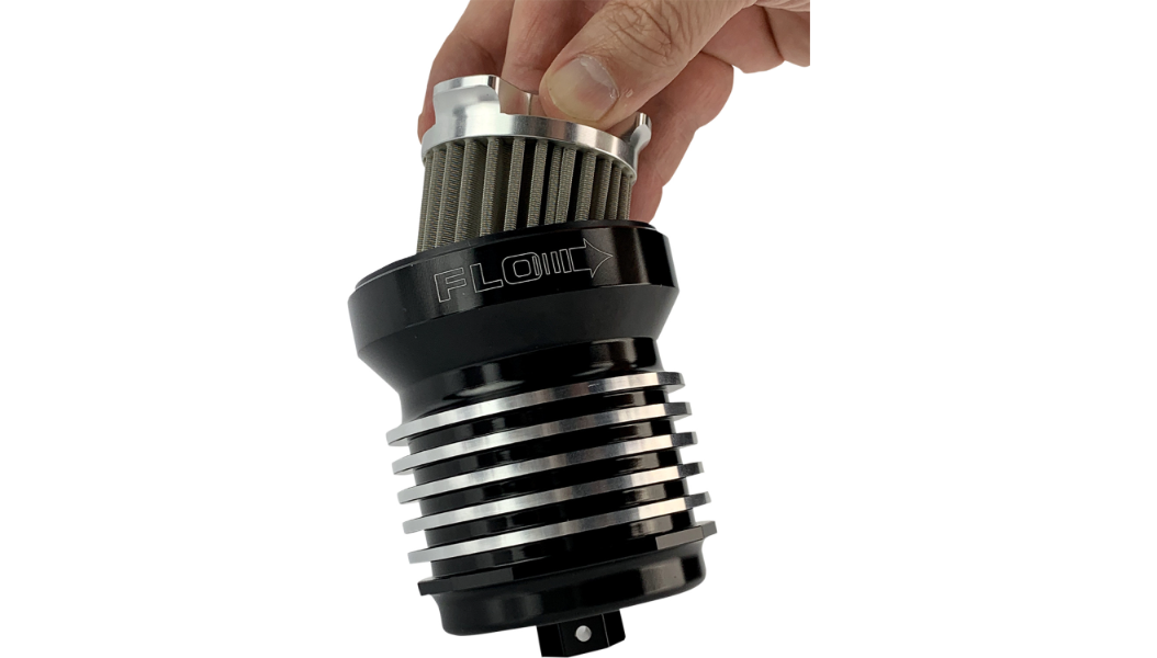 PC Racing Flo Reusable Spin-On Oil Filter – Black Anodized, 35-Micron Micronic Stainless | Billet Aluminum | Fits Harley-Davidson, BMW, Yamaha, Aprilia, Moto Guzzi, Buell | 0712-0351