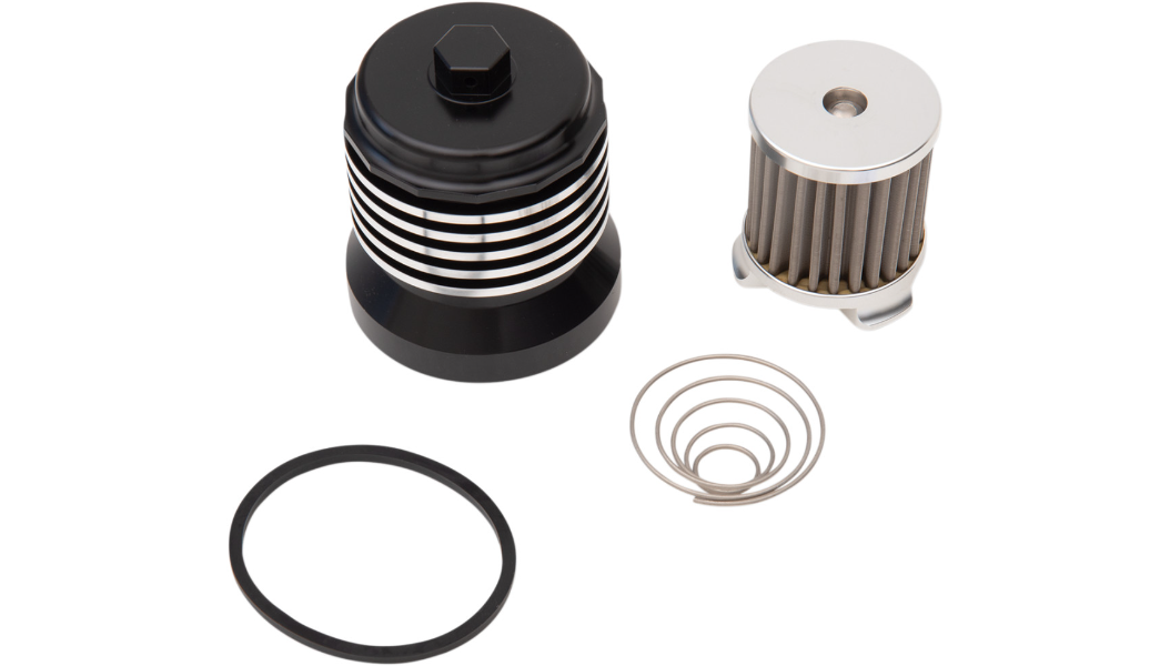 PC Racing Flo Reusable Spin-On Oil Filter – Black w/ Polished Fins, 35-Micron Micronic Stainless | Billet Aluminum | Fits Harley-Davidson, BMW, Yamaha, Aprilia, Moto Guzzi, Buell | 0712-0561